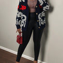 Slayr cardigan de punto con bloque de color y letras de estilo minimalista y casual