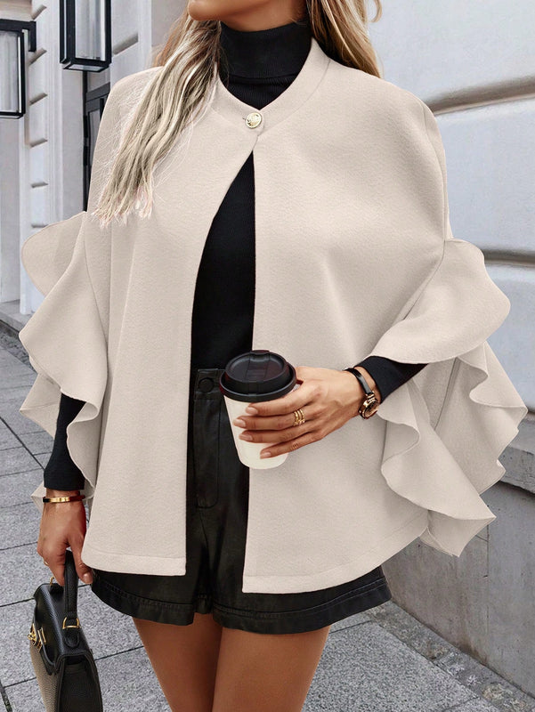 Clasi abrigo de lana elegante con cuello vuelto y abotonadura sencilla, en unicolor, para mujer, para otono/invierno