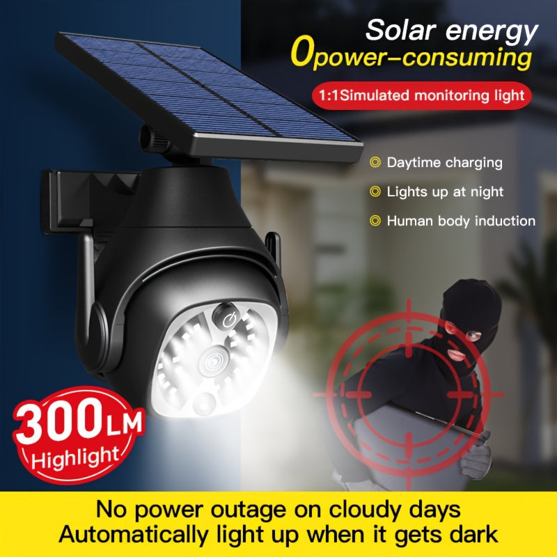 1 lámpara solar de pared LED con sensor de movimiento, luz falsa de vigilancia inalámbrica, panel solar giratorio 180°, iluminación solar simulada para porche, jardín, patio o entrada