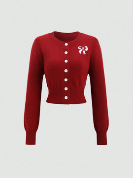 Sweetro cardigan de mujer con cuello redondo, manga larga y botones delanteros con estampado de lazo