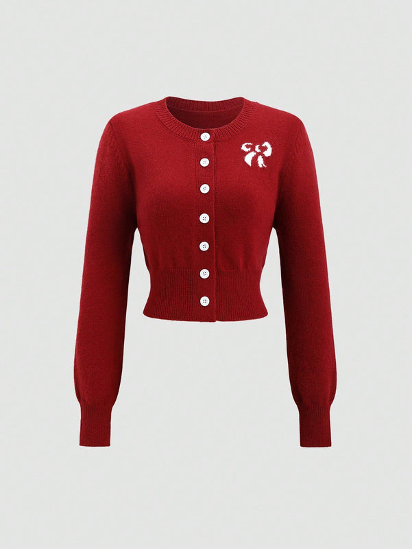 Sweetro cardigan de mujer con cuello redondo, manga larga y botones delanteros con estampado de lazo