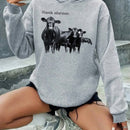Sudadera con capucha de manga larga casual gris con estampado de vaca, adecuada para ropa de mujer de otono e invierno