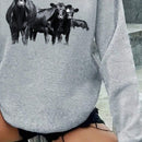 Sudadera con capucha de manga larga casual gris con estampado de vaca, adecuada para ropa de mujer de otono e invierno