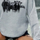 Sudadera con capucha de manga larga casual gris con estampado de vaca, adecuada para ropa de mujer de otono e invierno