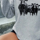 Sudadera con capucha de manga larga casual gris con estampado de vaca, adecuada para ropa de mujer de otono e invierno