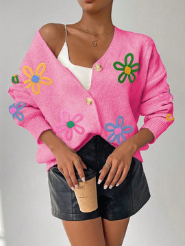 Frenchy cardigan casual de mujer con bloqueo de color y estampado floral, para otono/invierno