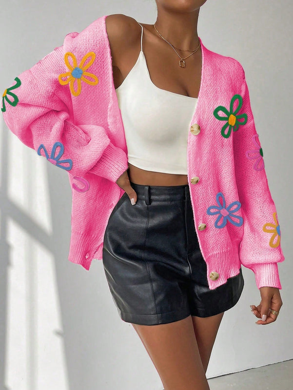 Frenchy cardigan casual de mujer con bloqueo de color y estampado floral, para otono/invierno