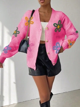 Frenchy cardigan casual de mujer con bloqueo de color y estampado floral, para otono/invierno