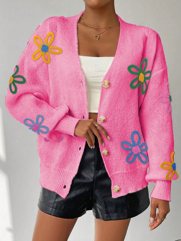 Frenchy cardigan casual de mujer con bloqueo de color y estampado floral, para otono/invierno