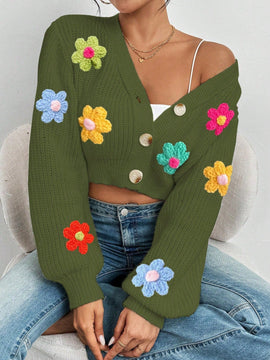 Essnce 1 pieza cardigan casual de manga larga con botones al frente y bordado floral