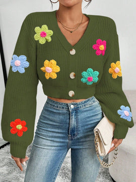 Essnce 1 pieza cardigan casual de manga larga con botones al frente y bordado floral