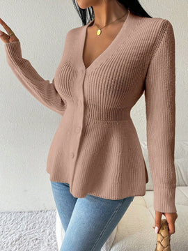Lune cardigan elegante de mujer con cuello en v, cintura cenida y volantes en el bajo