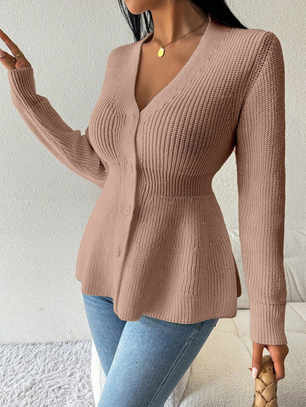 Lune cardigan elegante de mujer con cuello en v, cintura cenida y volantes en el bajo