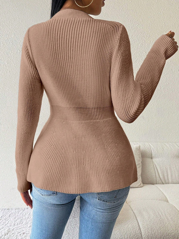 Lune cardigan elegante de mujer con cuello en v, cintura cenida y volantes en el bajo