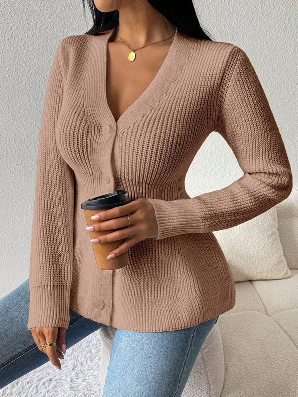 Lune cardigan elegante de mujer con cuello en v, cintura cenida y volantes en el bajo