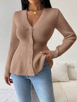 Lune cardigan elegante de mujer con cuello en v, cintura cenida y volantes en el bajo