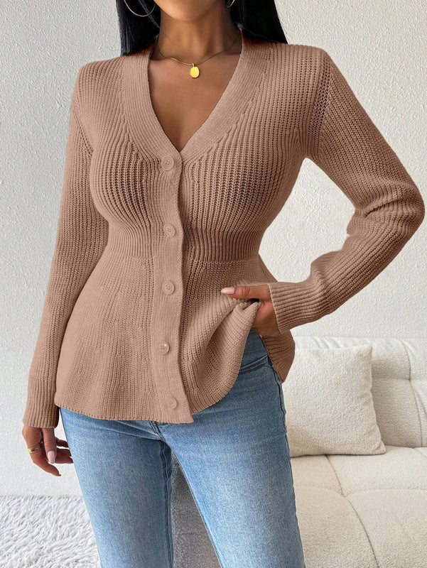 Lune cardigan elegante de mujer con cuello en v, cintura cenida y volantes en el bajo