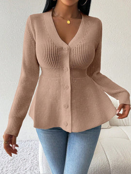 Lune cardigan elegante de mujer con cuello en v, cintura cenida y volantes en el bajo