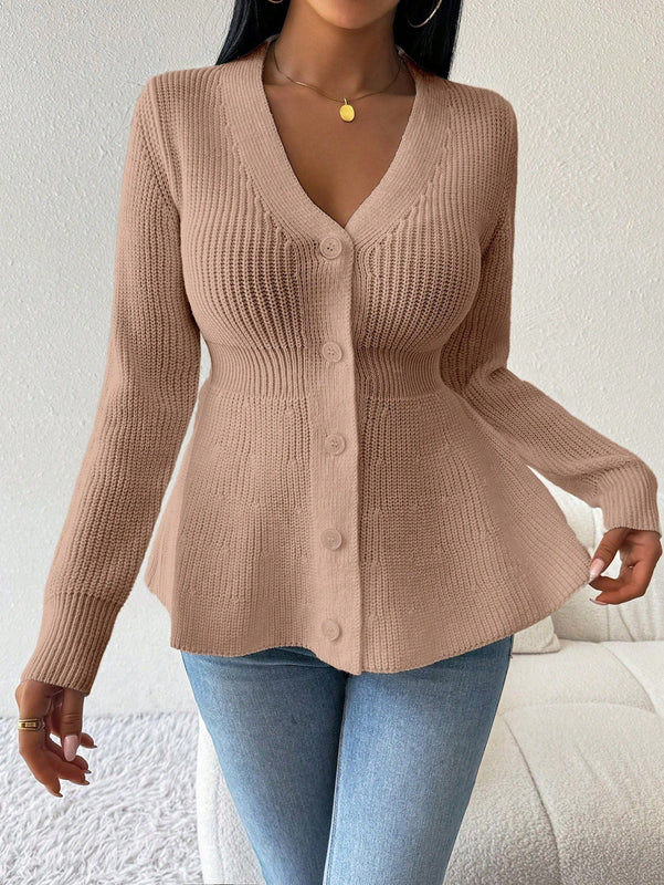 Lune cardigan elegante de mujer con cuello en v, cintura cenida y volantes en el bajo