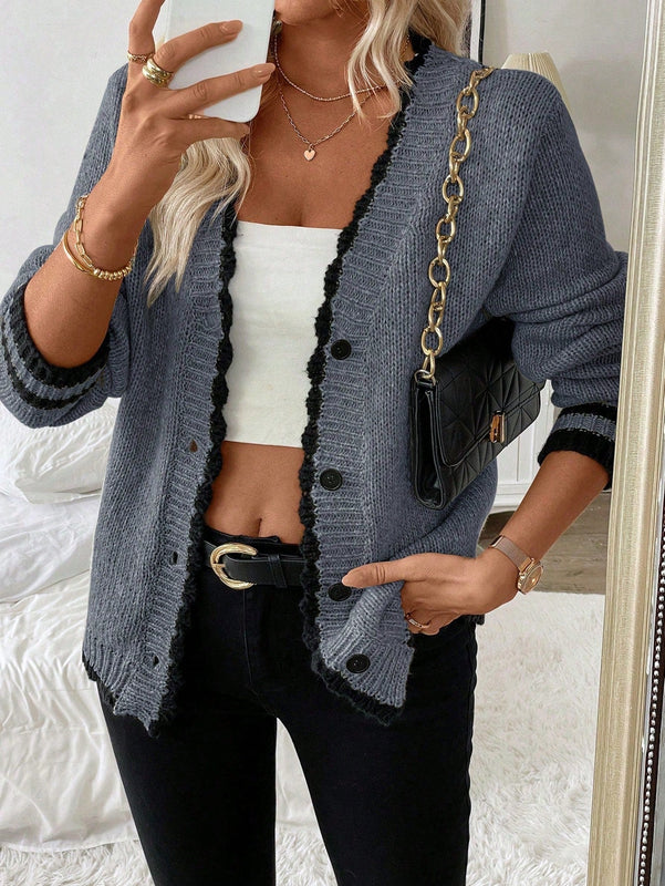 Frenchy blusa informal de mangas largas con botones delanteros y ribete de contraste para mujeres