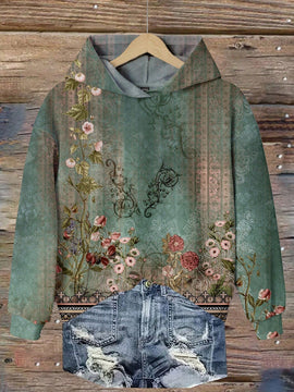 Lune sudadera con capucha de estampado floral vintage todo sobre en estilo minimalista casual, adecuada para otono/invierno