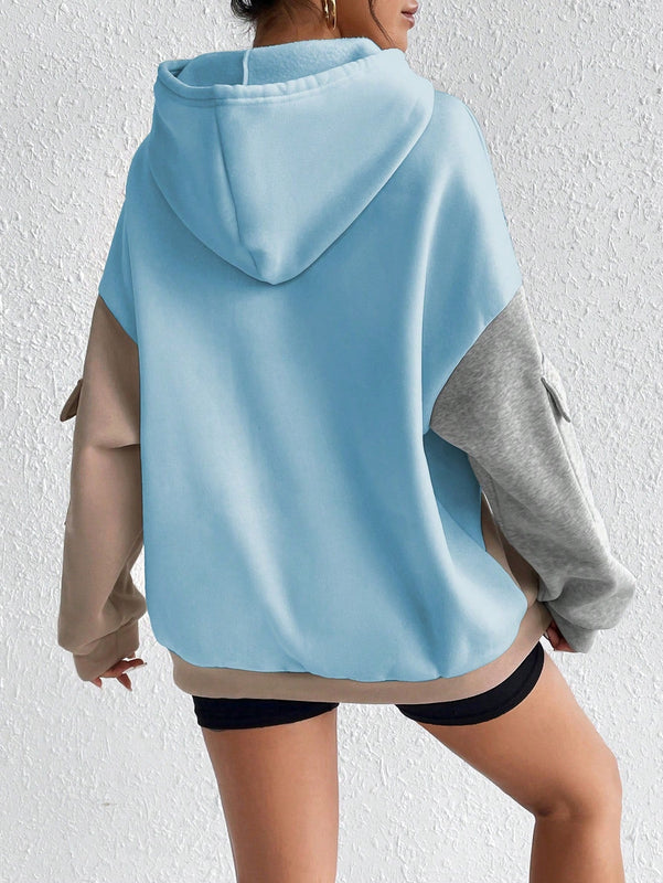 Moosta sudadera con capucha casual con bloque de color, bolsillo decorativo y mangas largas