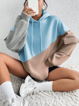 Moosta sudadera con capucha casual con bloque de color, bolsillo decorativo y mangas largas