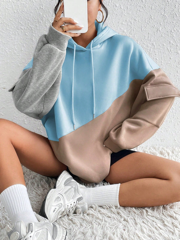 Moosta sudadera con capucha casual con bloque de color, bolsillo decorativo y mangas largas