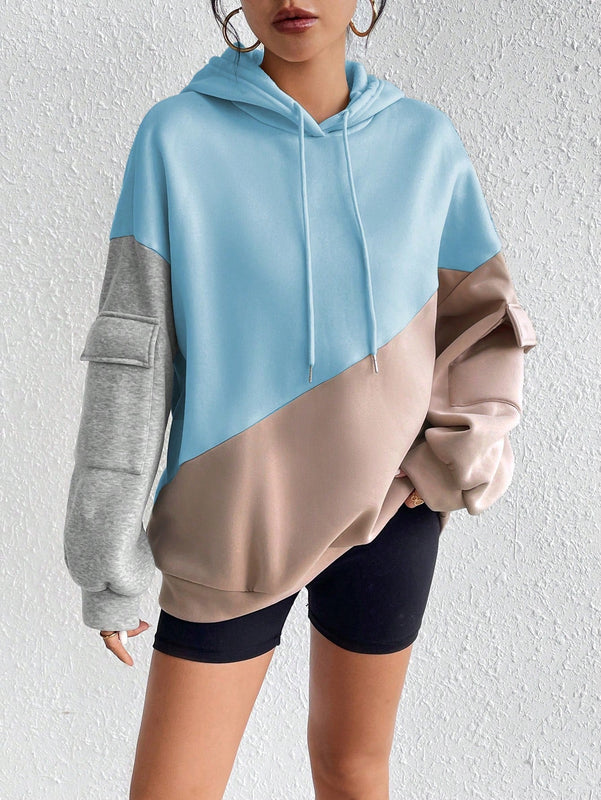 Moosta sudadera con capucha casual con bloque de color, bolsillo decorativo y mangas largas