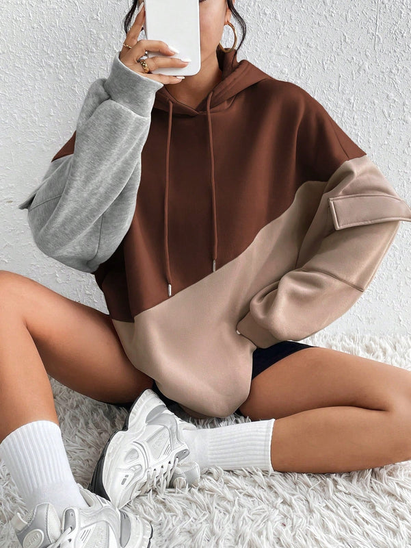 Moosta sudadera con capucha casual con bloque de color, bolsillo decorativo y mangas largas