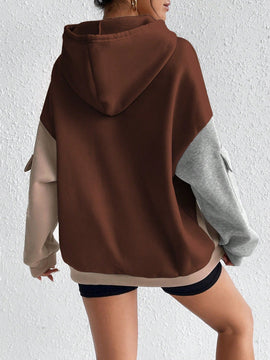 Moosta sudadera con capucha casual con bloque de color, bolsillo decorativo y mangas largas