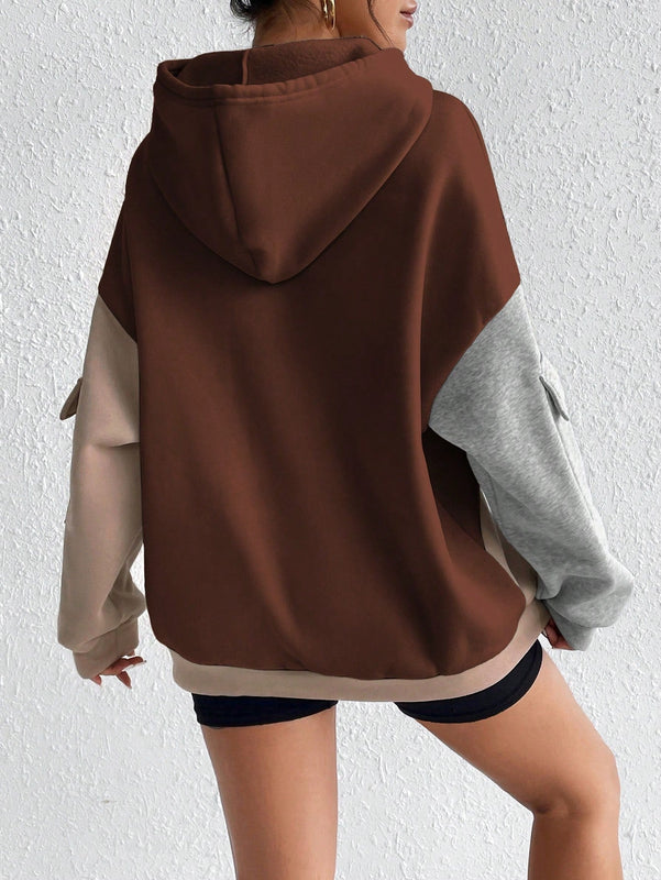 Moosta sudadera con capucha casual con bloque de color, bolsillo decorativo y mangas largas