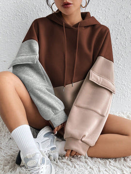 Moosta sudadera con capucha casual con bloque de color, bolsillo decorativo y mangas largas