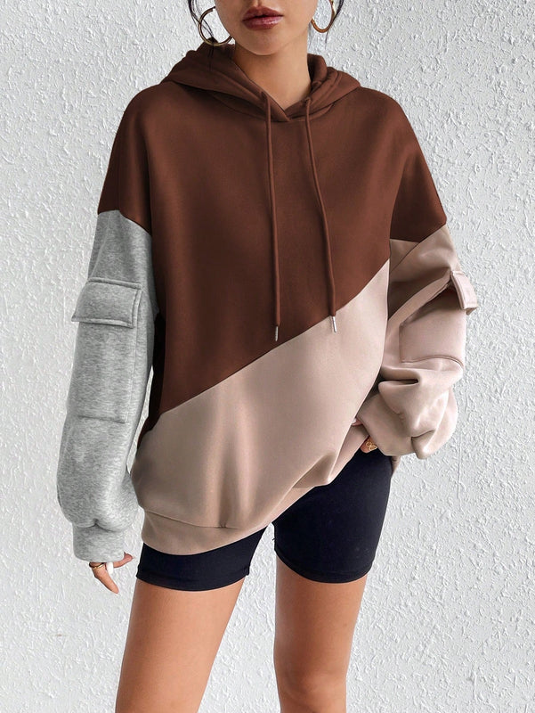 Moosta sudadera con capucha casual con bloque de color, bolsillo decorativo y mangas largas