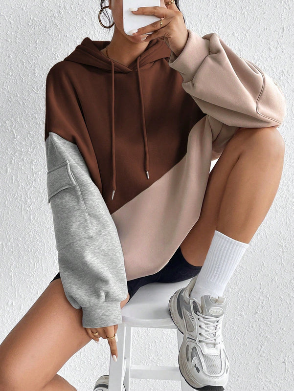 Moosta sudadera con capucha casual con bloque de color, bolsillo decorativo y mangas largas