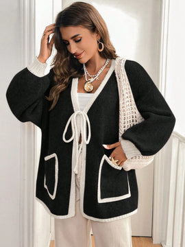 Frenchy blusa minimalista de manga larga con bolsillo y detalle de color contrastante en los bordes con lazo frontal para mujer