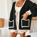 Frenchy blusa minimalista de manga larga con bolsillo y detalle de color contrastante en los bordes con lazo frontal para mujer