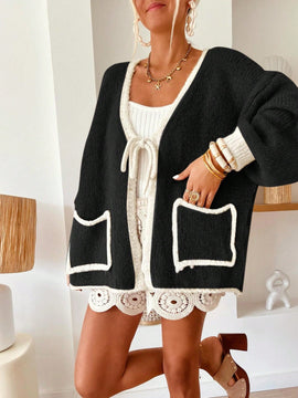 Frenchy blusa minimalista de manga larga con bolsillo y detalle de color contrastante en los bordes con lazo frontal para mujer