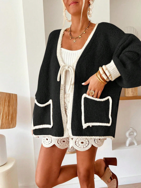 Frenchy blusa minimalista de manga larga con bolsillo y detalle de color contrastante en los bordes con lazo frontal para mujer