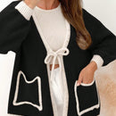 Frenchy blusa minimalista de manga larga con bolsillo y detalle de color contrastante en los bordes con lazo frontal para mujer