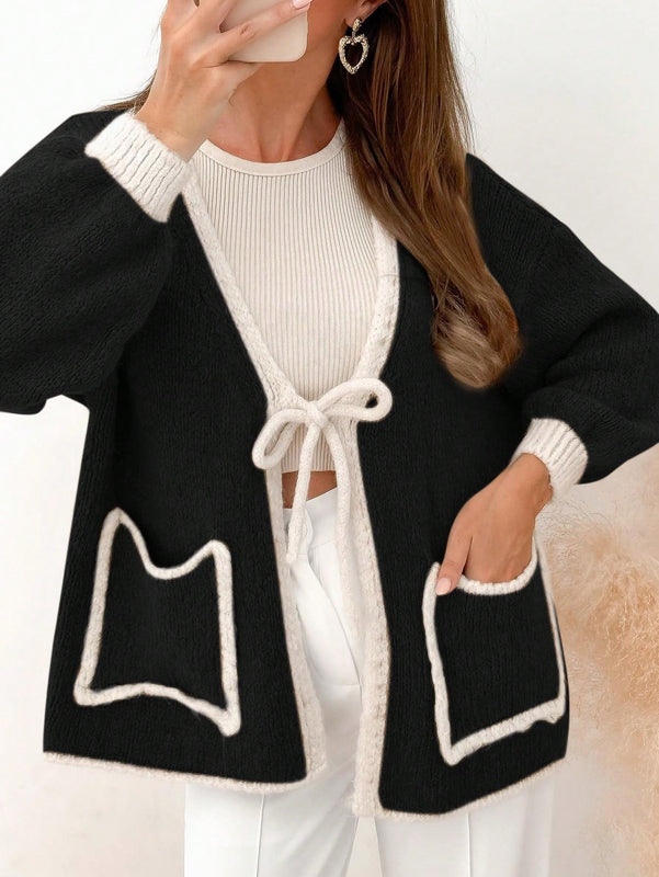 Frenchy blusa minimalista de manga larga con bolsillo y detalle de color contrastante en los bordes con lazo frontal para mujer