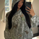 Ezwear sudadera holgada con capucha de felpa gruesa con estampado minimalista casual de leopardo y estrella en blanco para mujeres