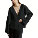 Sueter de punto holgado con cuello en v y mangas largas acampanadas para mujer de warmwaves
