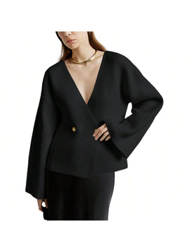 Sueter de punto holgado con cuello en v y mangas largas acampanadas para mujer de warmwaves