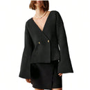 Sueter de punto holgado con cuello en v y mangas largas acampanadas para mujer de warmwaves