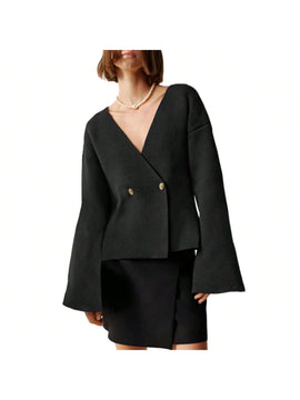 Sueter de punto holgado con cuello en v y mangas largas acampanadas para mujer de warmwaves