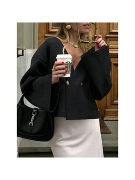 Sueter de punto holgado con cuello en v y mangas largas acampanadas para mujer de warmwaves