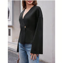 Sueter de punto holgado con cuello en v y mangas largas acampanadas para mujer de warmwaves