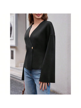 Sueter de punto holgado con cuello en v y mangas largas acampanadas para mujer de warmwaves