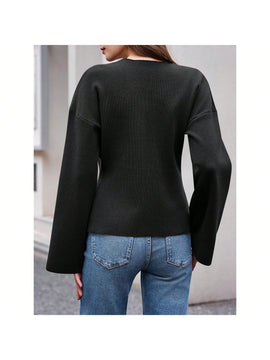 Sueter de punto holgado con cuello en v y mangas largas acampanadas para mujer de warmwaves